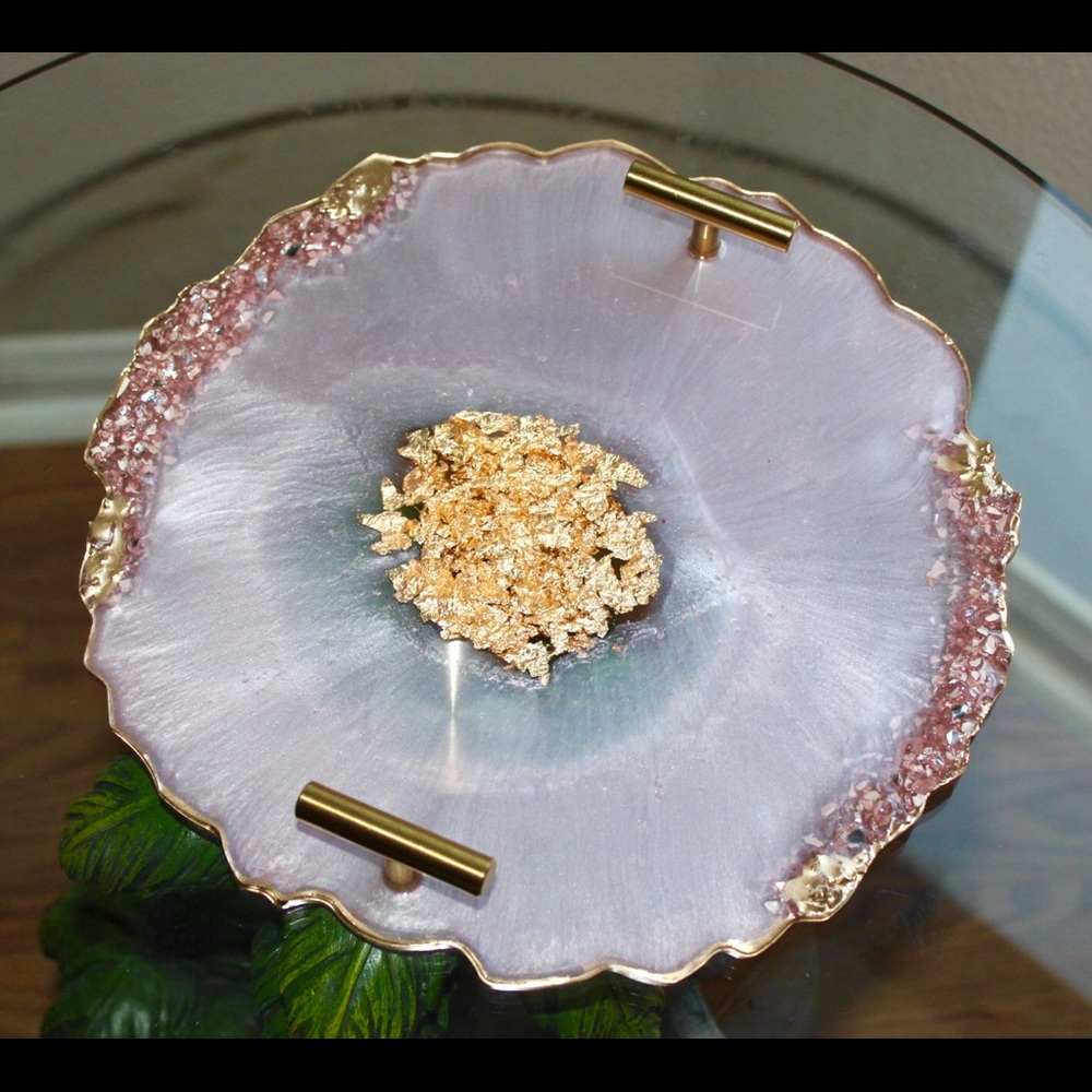 Handmade Blush Round Resin Tray With Handles And Coasters